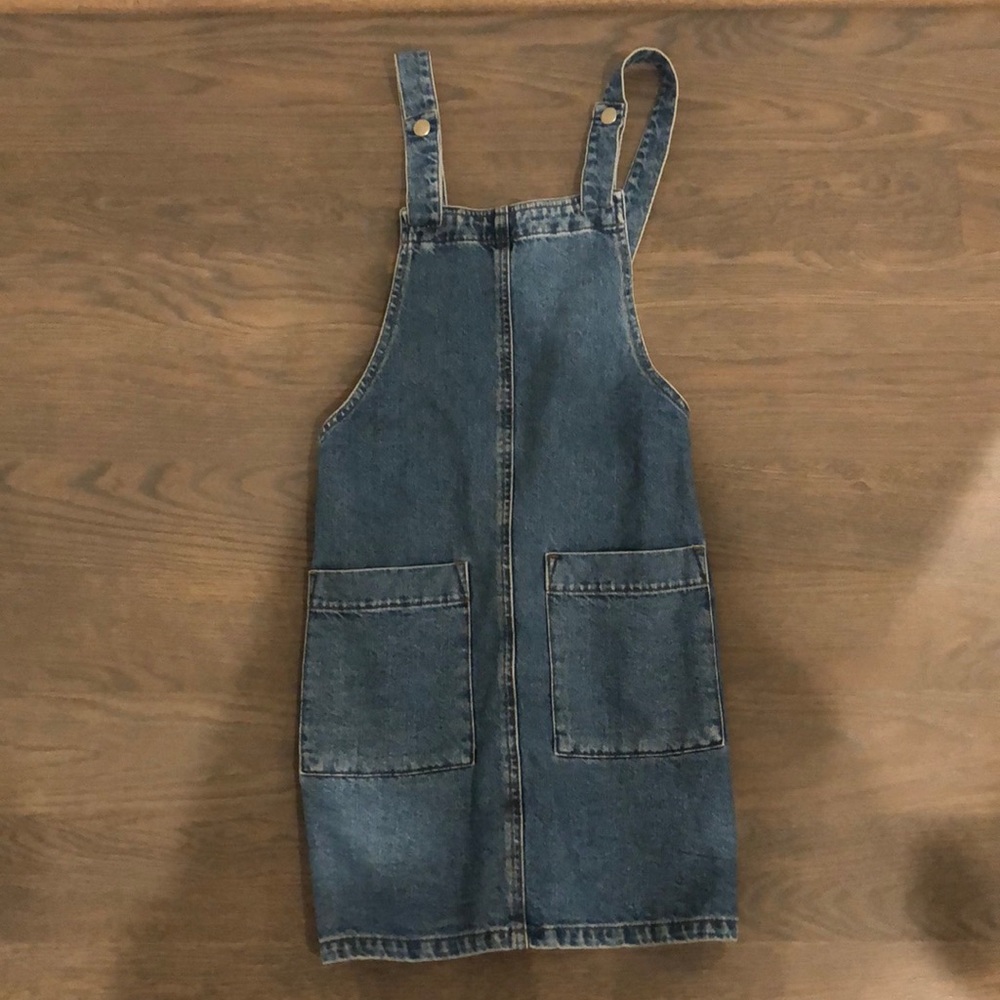 ASOS Denim Mini Pinafore Dress In Mid-Wash Blue